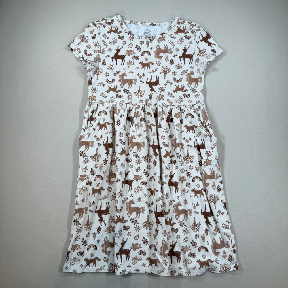 Wonder Nation Girls L 10-12 Woodland Animal Print Dress Deer Unicorn Brown Cream